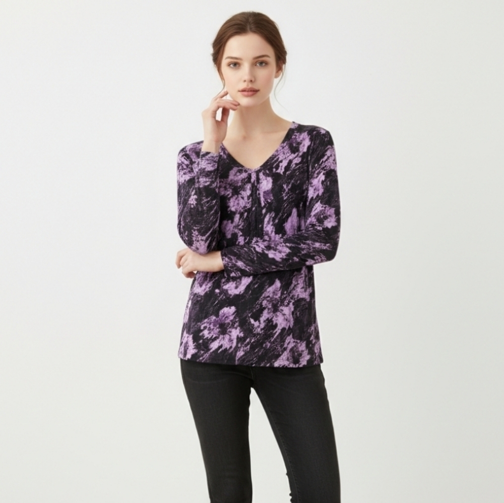 Apt. 9 Purple and Black Floral Long Sleeve Top